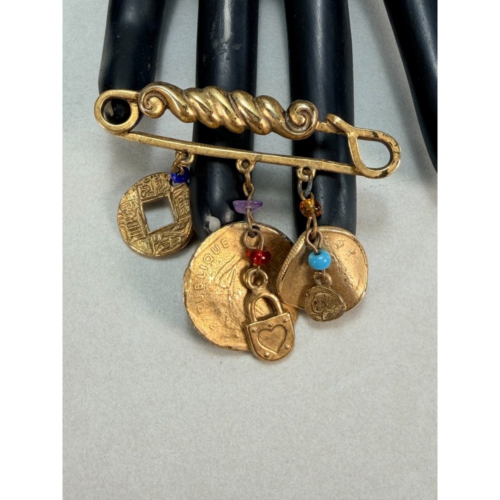 Vintage Gold Tone Safety Pin Brooch Asian Coin Heart Lock Charm Dangle Pin